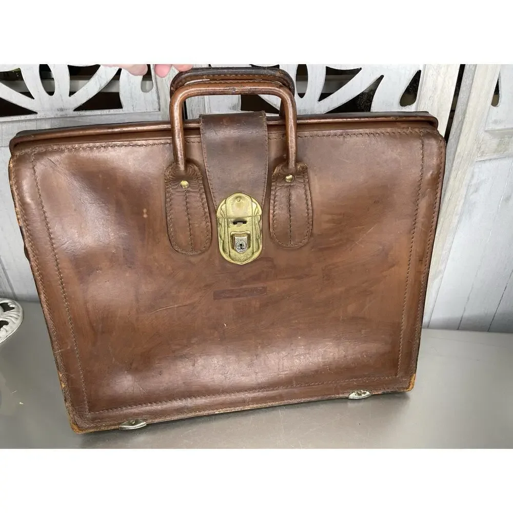 Vintage Leather Briefcase Top Handle Brown Buckle Closure Tidewater Oil Company